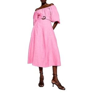 Scanlan Theodore Pink Linen Puff Sleeve Belted Midi Dress US 2 AU 6 H1244984